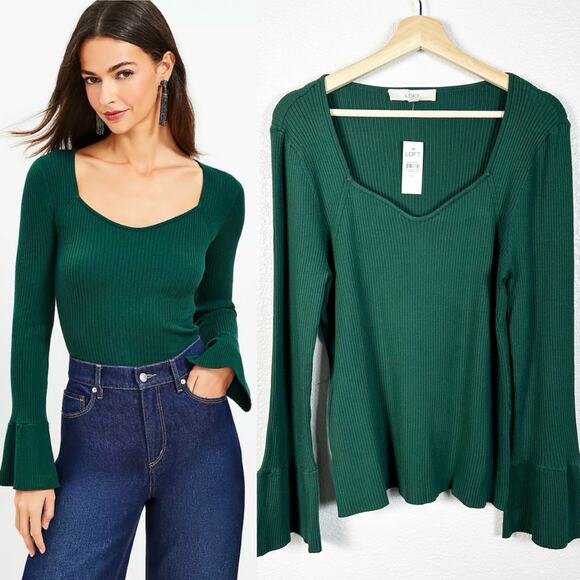 LOFT NWT Women’s Ribbed Sweatheart Neck Long Flare Sleeve Top in Green Size XXL - Picture 1 of 11